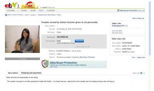 Свитер с  плеча Эштона Катчера продается за 500 долларов