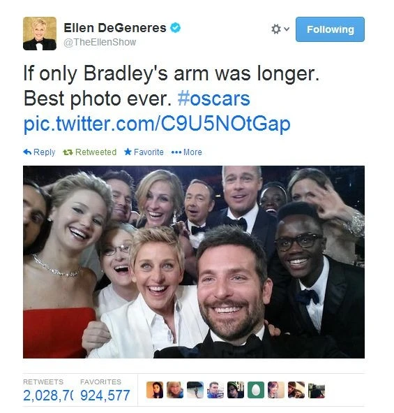 Фотография с Оскара 2014 стала рекордной в Твиттере