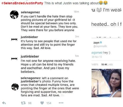 Селена Гомес прокомментировала угрозу Джастина Бибера скрыть страницу в Instagram от фанатов