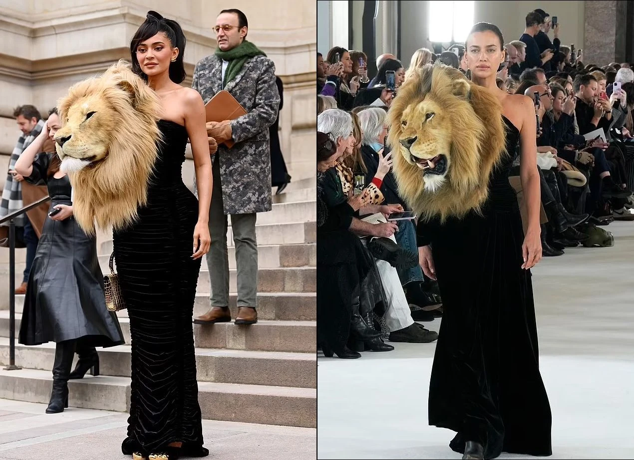 Кайли Дженнер и Ирина Шейк в одинаковых платьях с головой льва