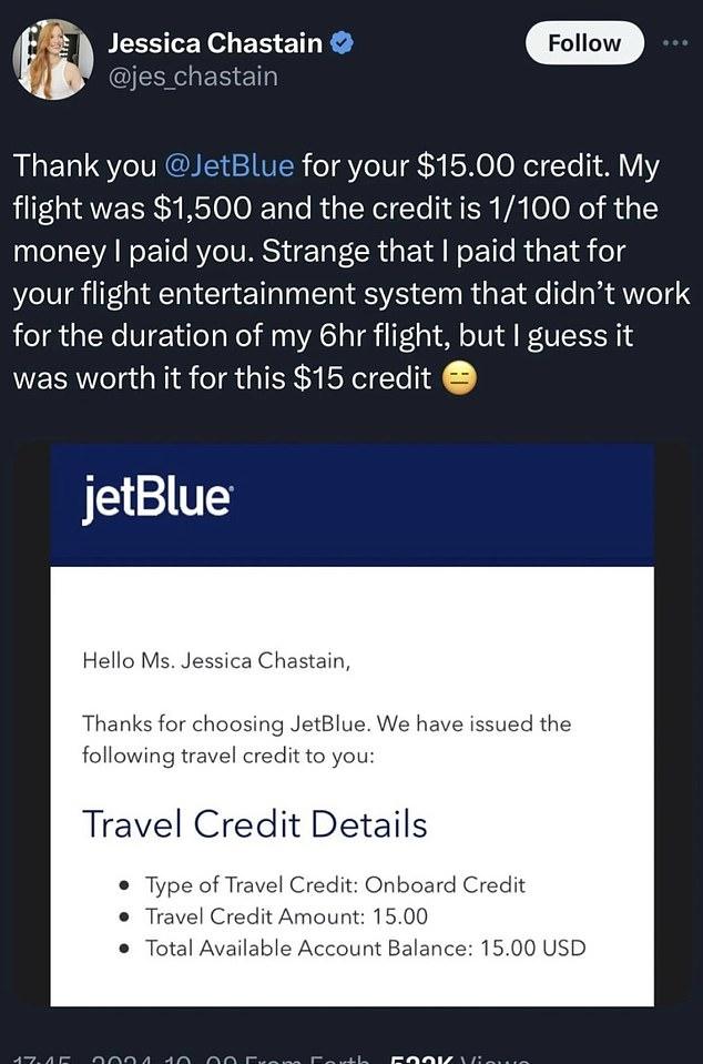Джессика недавно удалила неоднозначный пост в X, ранее известном как социальной сети, где она жаловалась на неисправную систему развлечений на борту во время недавнего полета JetBlue