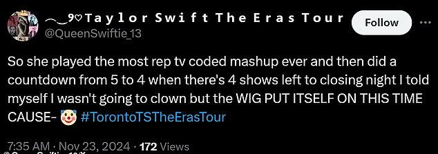 Аккаунт поклонника принял участие в обсуждениях и твитнул: "Так она сыграла самый закодированный мэшап в истории TV-версии альбома Reputation, а затем провела обратный отсчет от 5 до 4, когда до закрытия осталось 4 шоу. Я сказал себе, что не буду клоуном, но ПАРИК САМ НАДЕЛСЯ В ЭТОТ РАЗ"