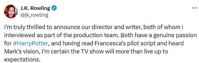 Исполнительный продюсер Роулинг написала в X: «Я действительно в восторге, что могу объявить нашего режиссера и сценариста, с которыми я общалась как с частью продюсерской группы»