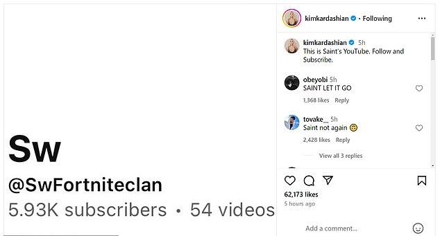 В субботу многодетная мать выложила в Instagram рекламу восстановленного аккаунта Сэйнта, поделившись скриншотом его имени пользователя '@SwFortniteclan', что является нетипичным содержанием для регулярных постов знаменитости.