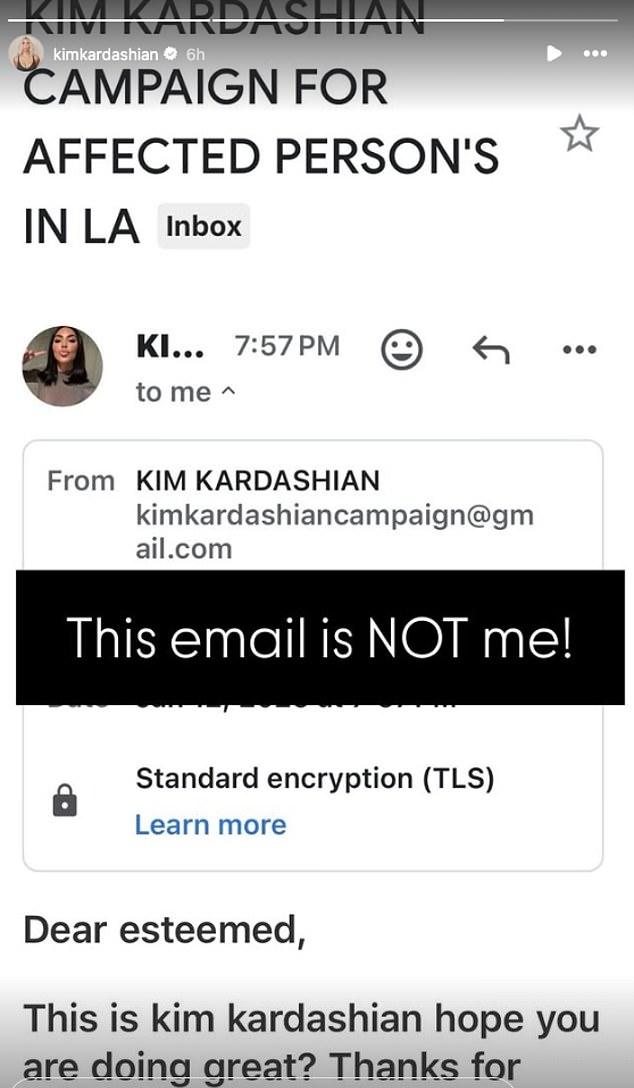 Кардашьян с тех пор предупредила своих подписчиков в социальных сетях о мошеннических письмах для сбора средств с ее именем