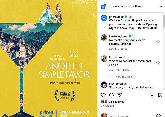 Во вторник Prime Video опубликовал рекламный постер комедийного фильма ужасов, а раздел комментариев заполнили резкие сообщения о судебном процессе Лайвли.