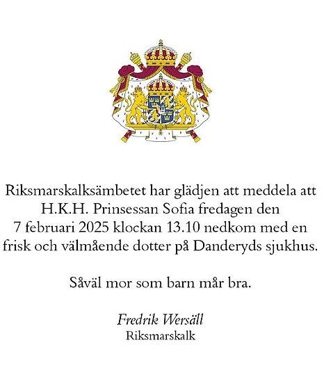 Королевская семья сообщила об этом в Instagram и написала: «Национальное управление маршала с радостью объявляет, что Её Королевское Высочество принцесса София в пятницу, 7 февраля 2025 года в 13:10 родила здоровую дочь в больнице Дандерюд»